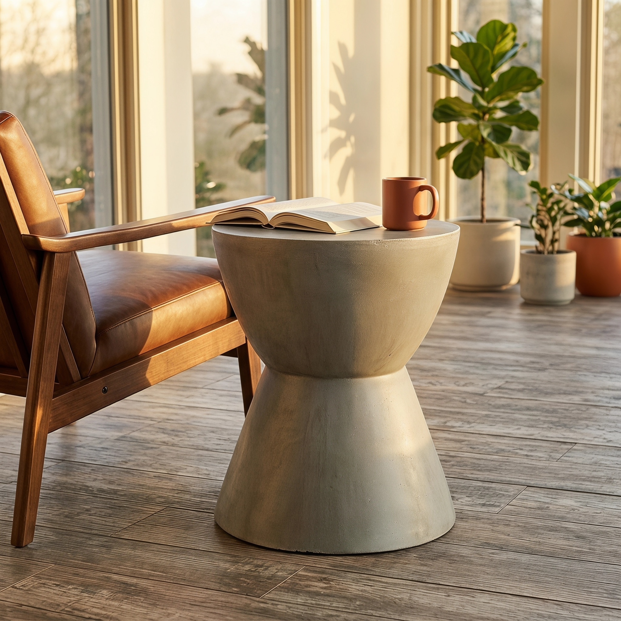 14.9 in Wide Modern Industrial Concrete Hourglass‑Shaped Stool, Minimalist Accent Side Table for Indoor Outdoor Spaces