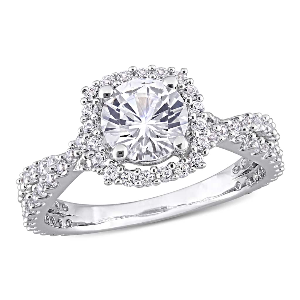 Miadora Sterling Silver Created White Sapphire Split Shank Halo Engagement Ring