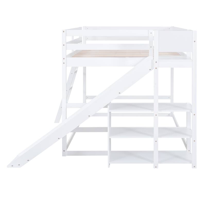 Full over Full Bunk Bed with Ladder, Slide, and Shelves in White