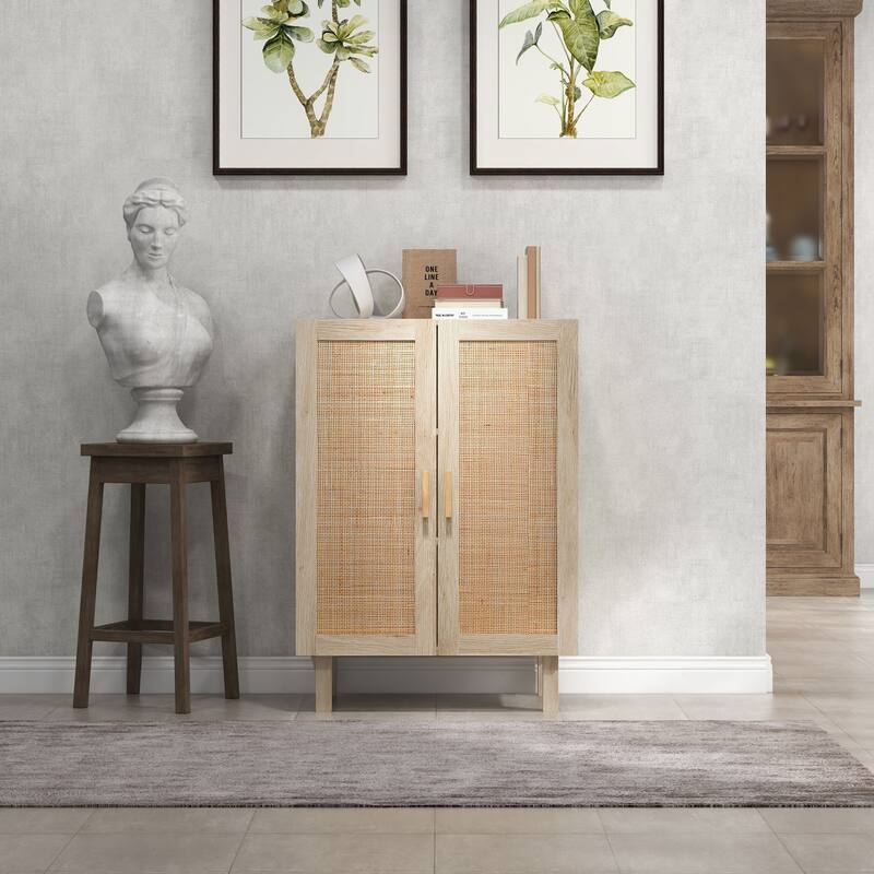 Boho Sideboard Buffet Cabinet with Rattan Doors and Adjustable Shelves, Natural - Natural Wood