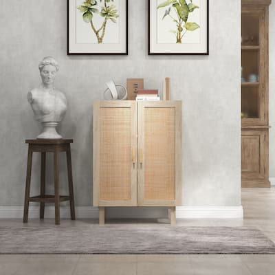 Boho Sideboard Buffet Cabinet with Rattan Doors and Adjustable Shelves, Natural