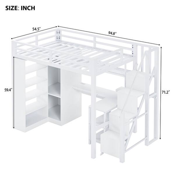 dimension image slide 1 of 2, Metal Loft Bed With USB Ports,5-layer Shelf,Wardrobe and Stepped Stairs