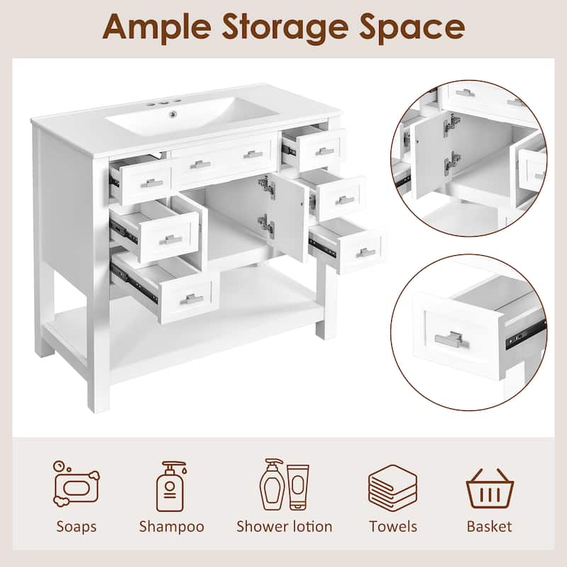 36 Inch Freestanding Bathroom Vanity with Ceramic Sink, 6 Soft Close Drawers, Modern Single Sink Cabinet