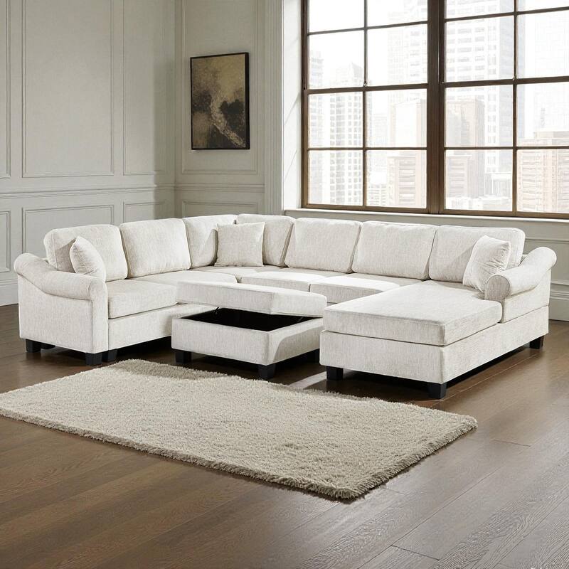 111.8" U-Shaped Chenille Sectional Sofa with Movable Storage Ottoman, Roll Arms and Accent Pillows for Living Room - White