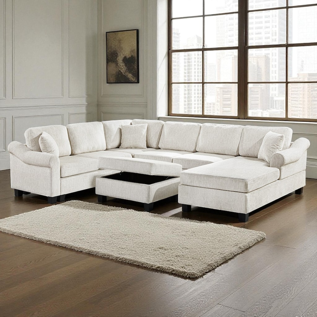 111.8" U-Shaped Chenille Sectional Sofa with Movable Storage Ottoman, Roll Arms and Accent Pillows for Living Room