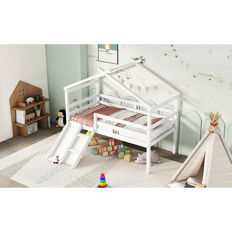 Roomfitters Twin Low Loft House Bed with Slide and Ladder, Safety Guardrails, House Roof Frame, No Box Spring Needed