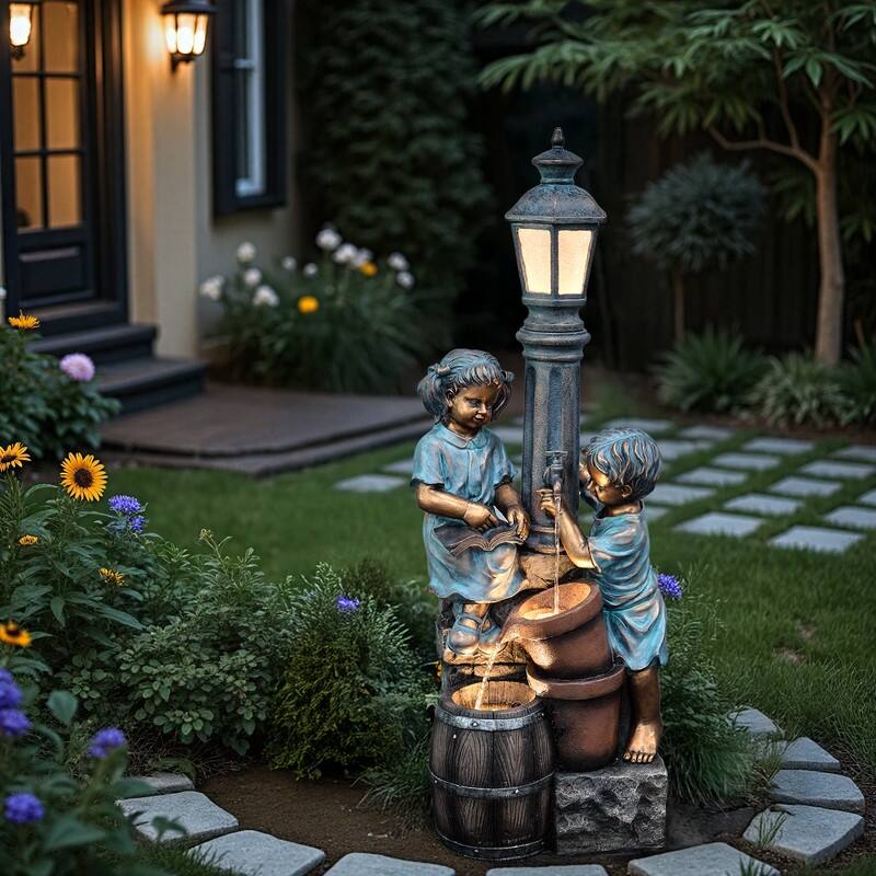 Storybook Outdoor Water Fountain with Boy and Girl Sculpture, Warm LED Lamp Post and Soothing Water Flow