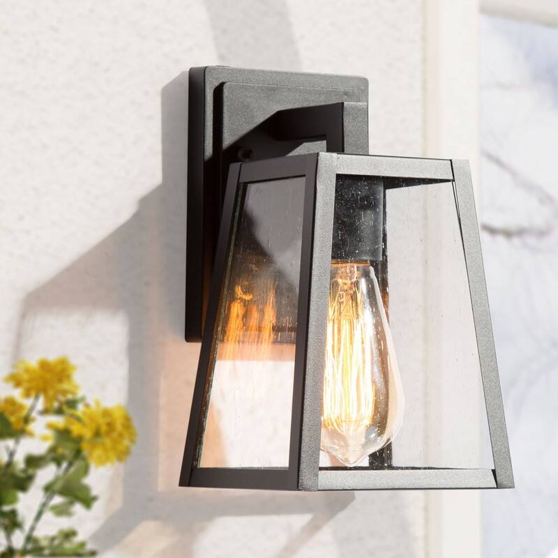 Modern Farmhouse Black 1-Light Outdoor Wall Sconce Glass Patio Lantern - 5.5" L x 6.5" W x 10" H - Trapezoid