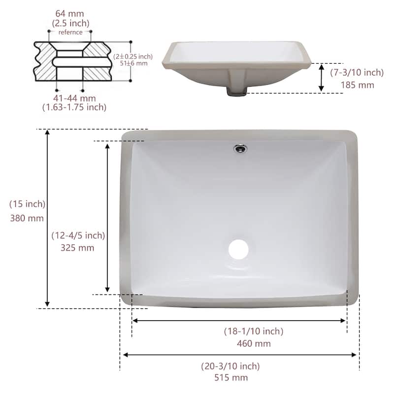 PROOX 20 in. Bathroom Rectangular Ceramic Undermount Sink