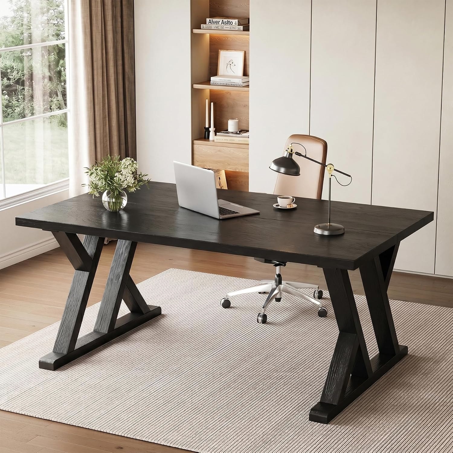 63" Solid Wood Executive Computer Desk for Home Office with X Shaped Legs