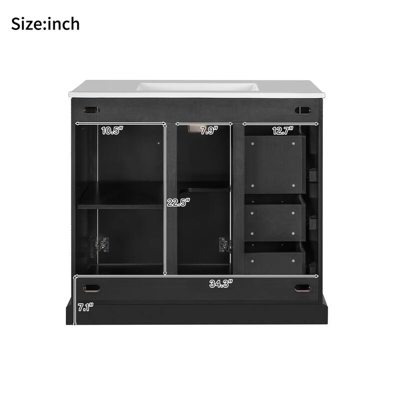 GDFStudio - Solie Wood & Ceramic 36" Bathroom Vanity with Sink, Soft-Close Door, Shelf & 3 Drawers
