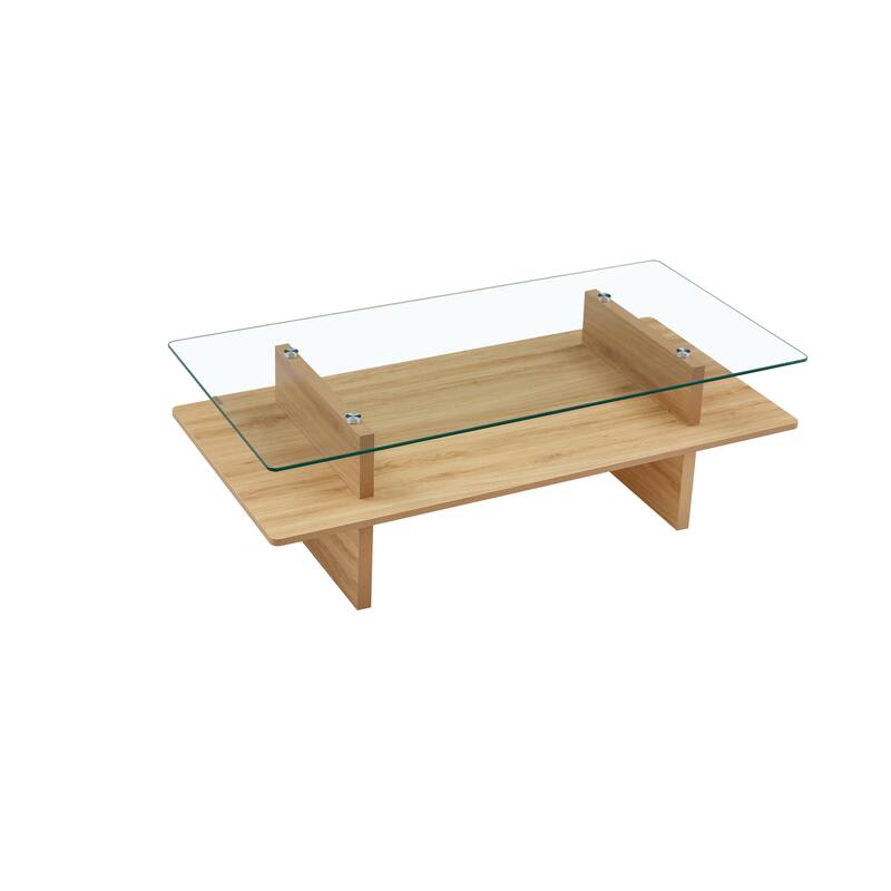 Two-Tier Tempered Glass & MDF Coffee Table, Natural Wood Finish Modern Double-Layer Coffee Table with Sturdy Frame
