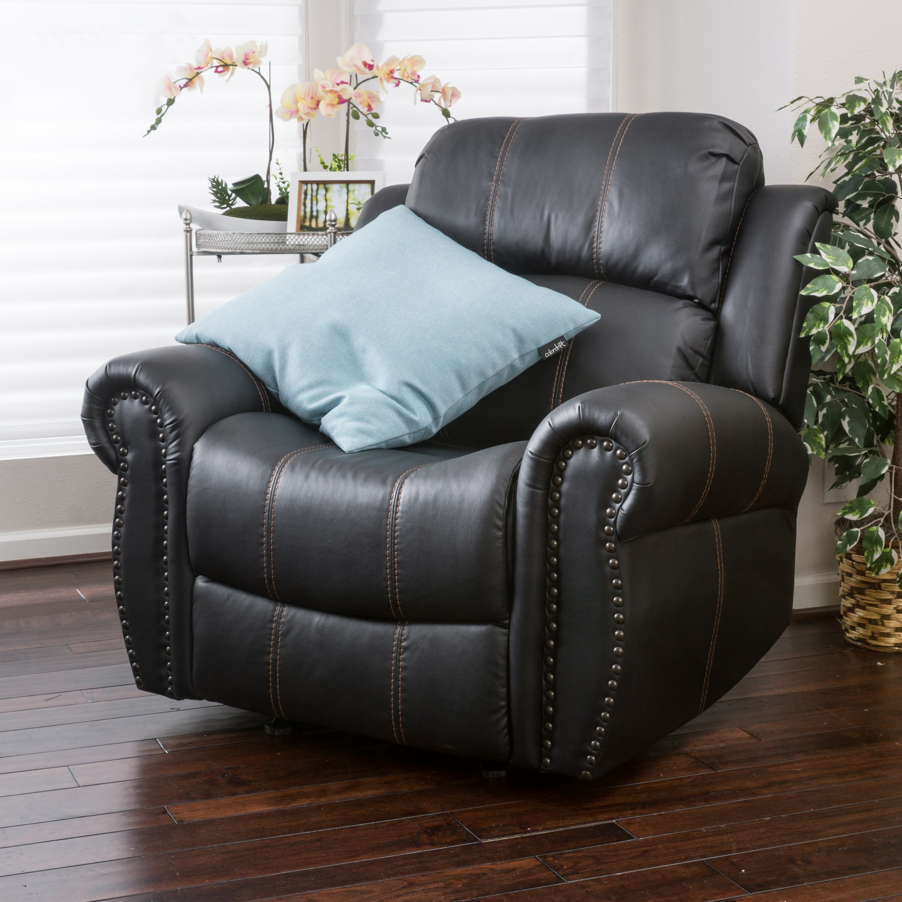 Black Faux Leather Upholstered Oversized Glider Manual Recliner with Rolled Arms