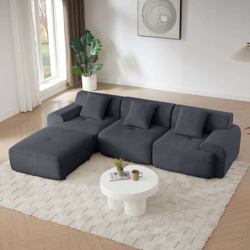 Livingroom L-Shaped Corduroy Sectional Sofa, Modular Couch 3 Seat Straight Sofa with Movable Ottoman - Dark Gray