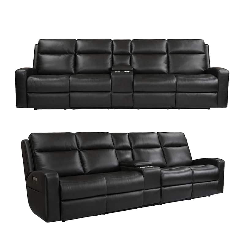 Genuine Leather Power Reclining 4-Seat Sofa For Living Room with Console, USB Port, Adjustable Headrest
