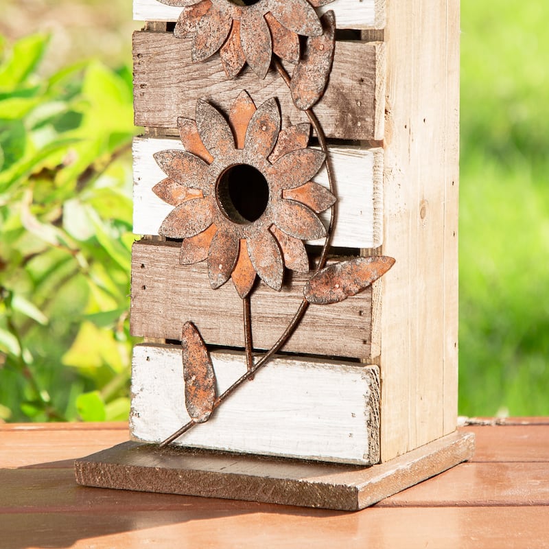 Glitzhome 14.5"H Two-Tiered Distressed Solid Wood Cottage Birdhouse with Flowers - 14.5"