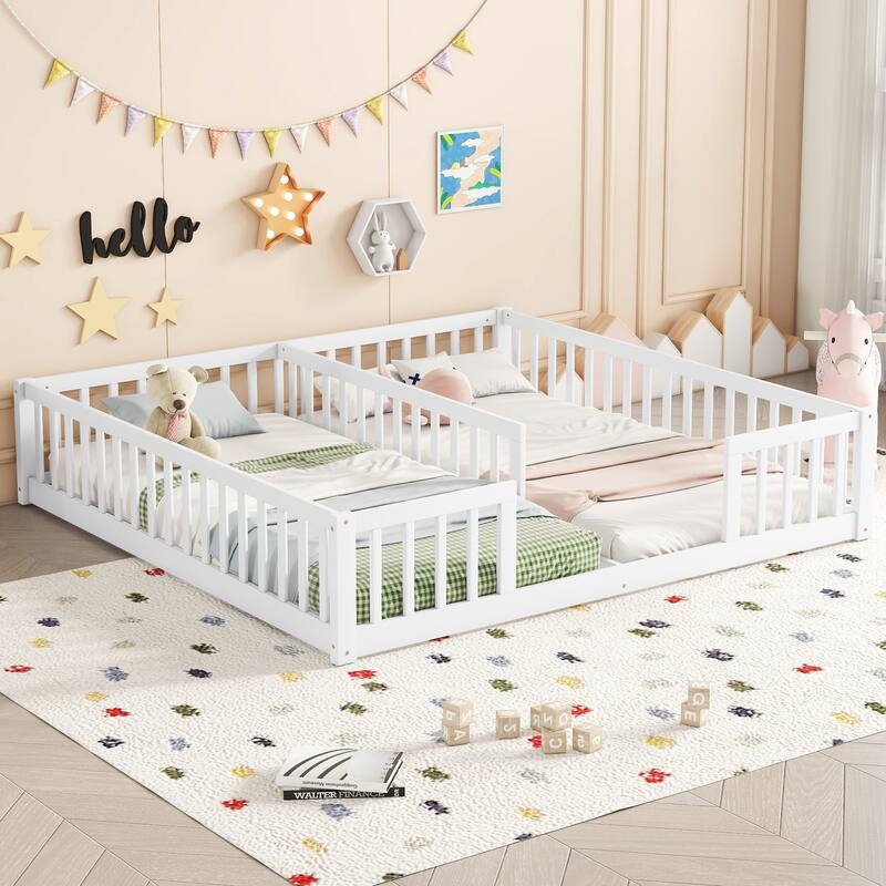Double Twin Floor Bed with Fence, Guardrails, without door - White