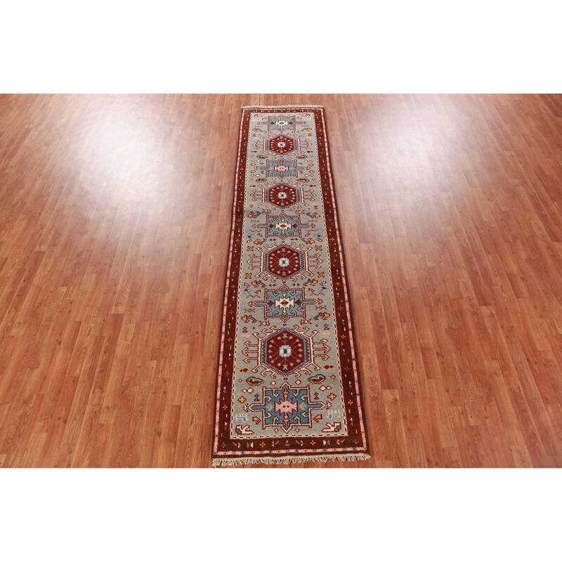 Hand Knotted Oriental 100% Wool Carpet Transitional Geometric Green Khotan Runner Rug - 9' 8'' X 2' 6''