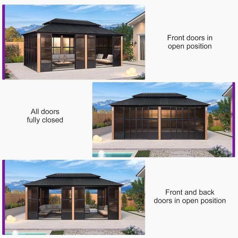 PURPLE LEAF Double Top Outdoor Wood Grain Sunroom All-Weather Screen House Patio Hardtop Gazebo