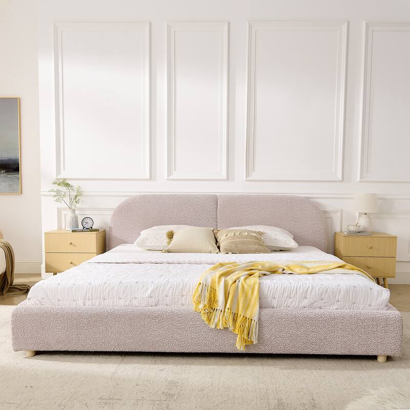 Fabric Upholstered Bed Frame Modern American Platform Bed Frame with Curved Headboard/Sturdy Legs Support/No Box Spring Needed - Pink - King