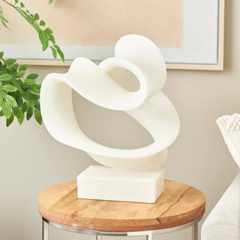 White Polystone Twisted Wave Abstract Decorative Sculpture with Elevated Base - White