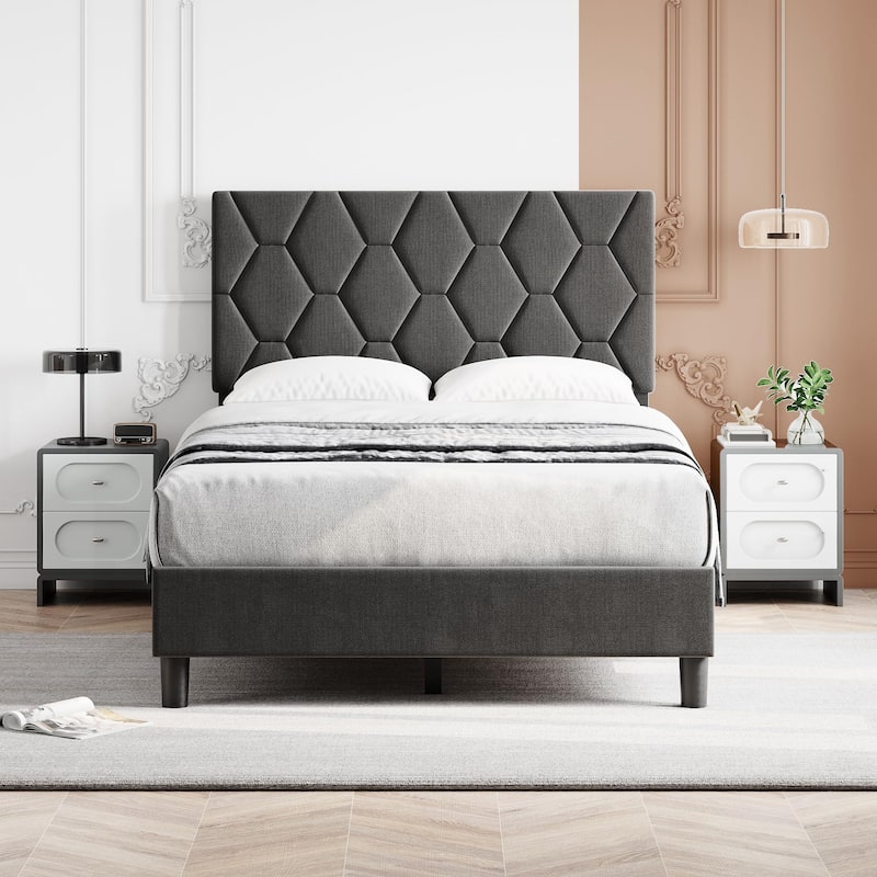 Diamond Upholstered Platform Bed Frame Wood Slat Support