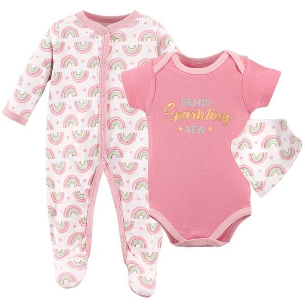 slide 1 of 1, Luvable Friends Baby Girl Sleep and Play, Bodysuit and Bib, Rainbows 0-3 Months - Rainbows