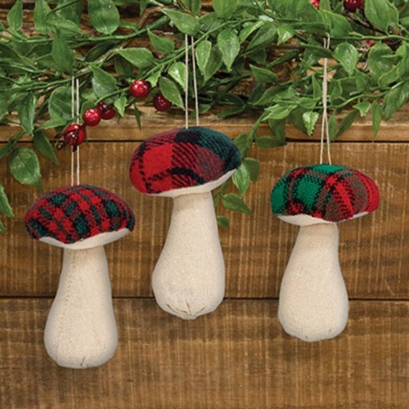 Set of 3 Beige-Red-Green Plush Mushroom Ornaments with Twine Hanger Set - 2.25 x 2.25 x 3.50 in.