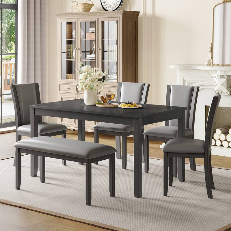 6-Piece Wooden Dining Table Set with Bench and Chairs for Dining Room