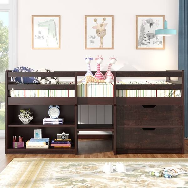 slide 2 of 11, Twin Size Loft Bed with Two Shelves, Pine Wooden Bed with Two Drawers, Kid's Bed with Guardrails, Antique Espresso Espresso