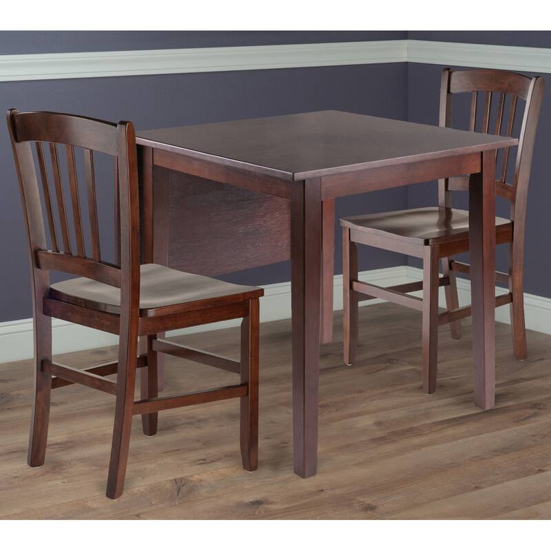 set of 3 brown walnut drop leaf dining table with two chairs 29"