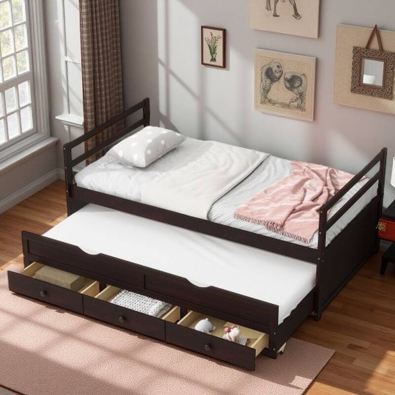 Twin Size Pine Wood Bed with Pull-Out Trundle, Three Storage Drawers, Headboard & Footboard, Space-Saving - Espresso