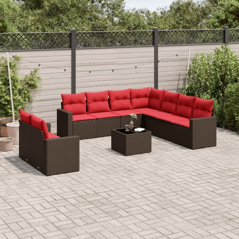vidaXL Patio Sofa Set with Cushions Outdoor Conversation Furniture Poly Rattan - 25.8" x 24.4" x 27.2" - Brown and red with table