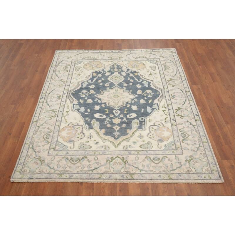 Hand Knotted Oriental 100% Wool Carpet Transitional Geometric Greys & Charcoal Oushak Area Rug - 6' 6'' X 5' 3''