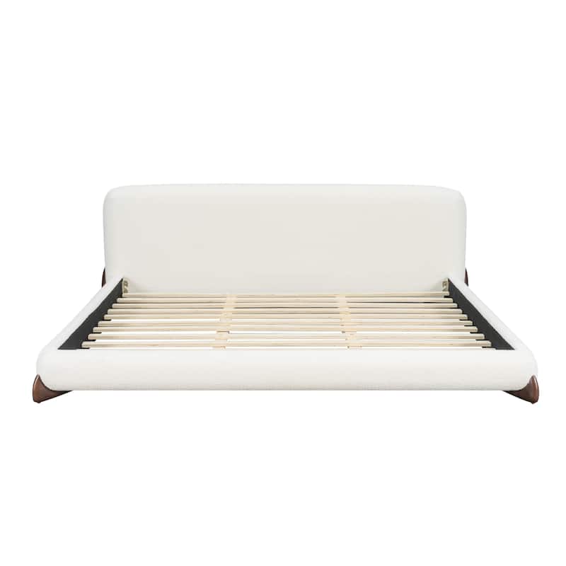 White Upholstered Low-Profile Platform Bed with Boucle Thick Headboard, Solid Wood Legs Grounded Bed Frame, Floor Bed