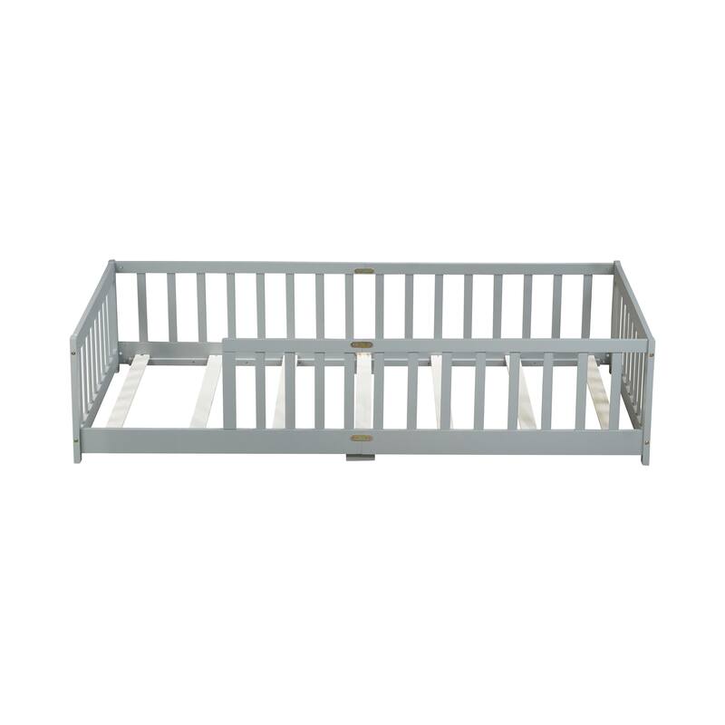 Twin Size Grey Rubber Wood Floor Bed with Safety Fence for Kids, No Door Design