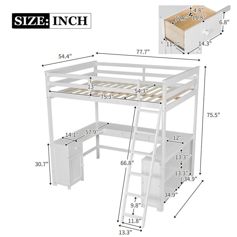 Twin Size Loft Bed with U-shaped Desk, Drawers and Storage Shelves