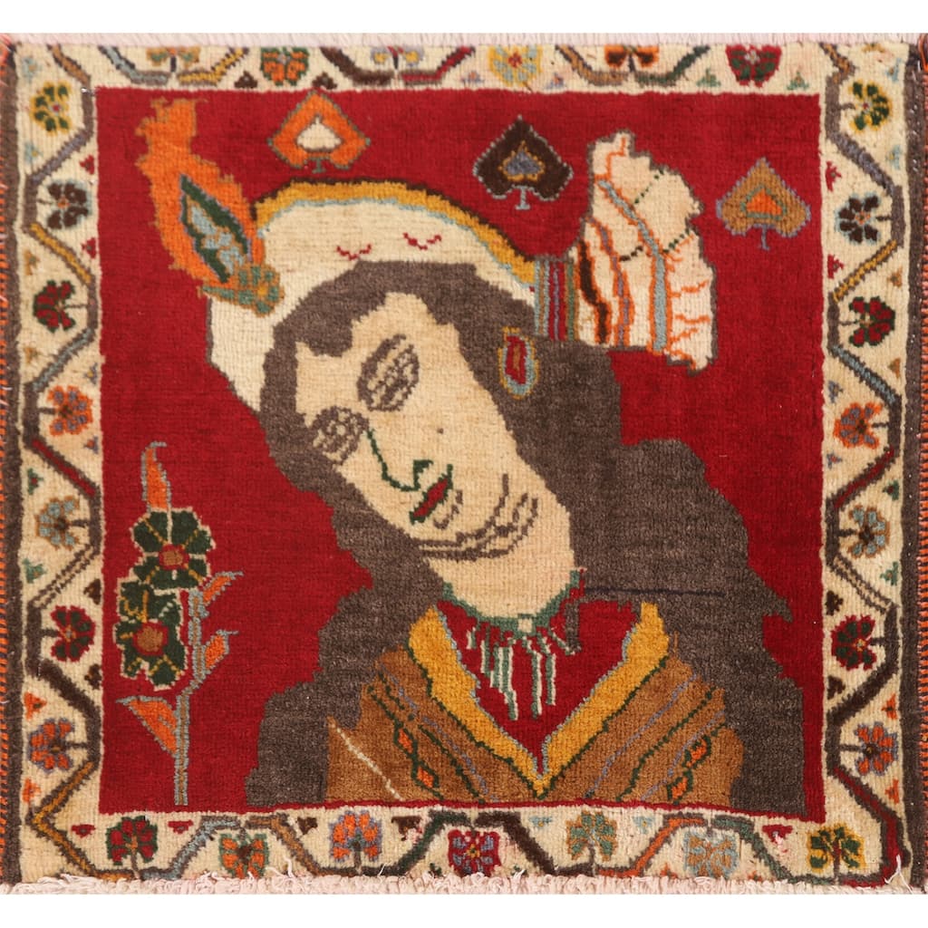 Red Pictorial Shiraz Persian Vintage Square Rug Handmade Wool Carpet - 1'10" x 1'8"