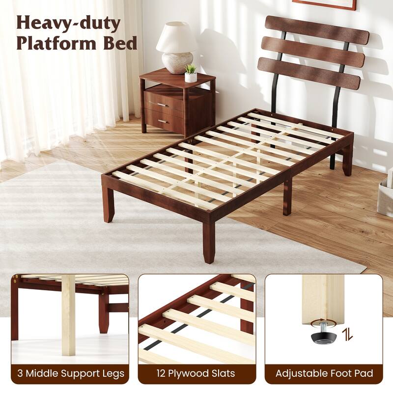 Walnut Twin Size Wooden Platform Bed Frame with Vintage Headboard and Under Bed Storage Solid Rubber Wood Construction