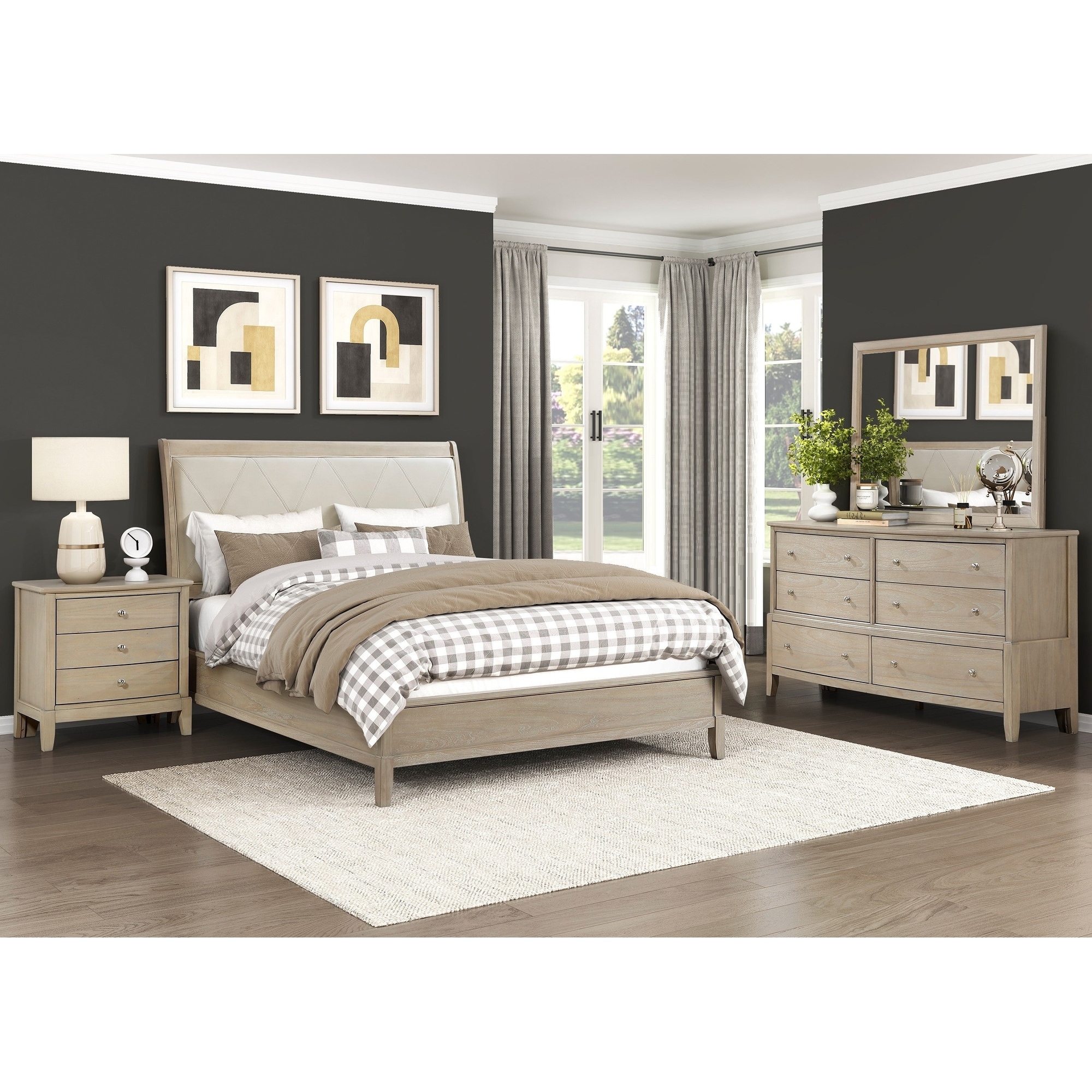 Beige Finish Bedroom Furniture Set Upholstered Bed Nightstand Dresser Mirror