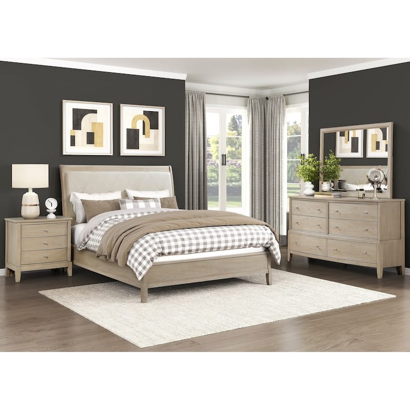 Beige Finish Bedroom Furniture Set Upholstered Bed Nightstand Dresser Mirror