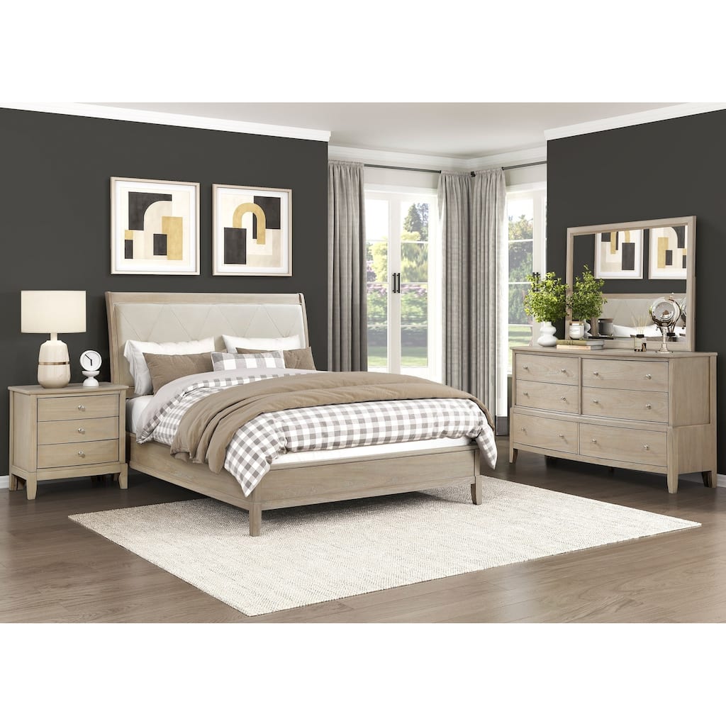 Beige Finish Bedroom Furniture Set Upholstered Bed Nightstand Dresser Mirror
