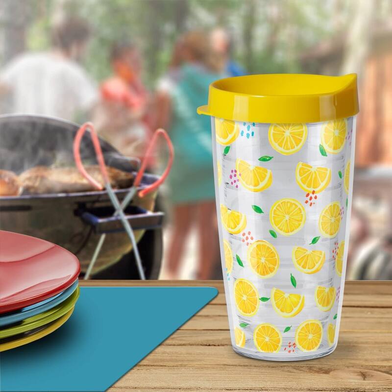 Bright Yellow Lemons Double Wall Unbreakable Plastic Tumbler with Lid Holds 16 Ounces BPA Free Microwave Safe Dishwasher Safe