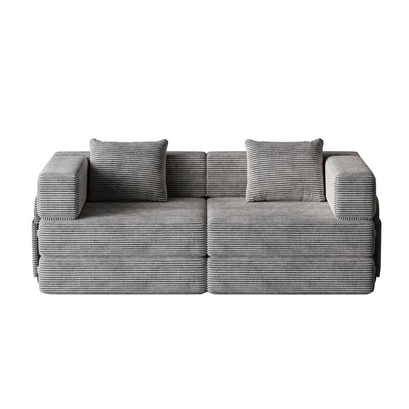 Folding Loveseat Sofa Convertible Sleeper Sofa Bed, Floor Standing Couch Bed Corduroy Floor Mats with Side Pockets and Pillows