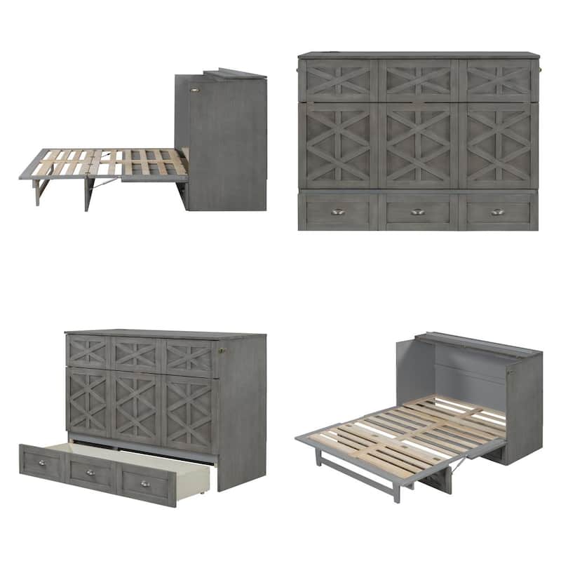 Full Size Wood Murphy Bed with Drawer,USB Port and Three-Prong Outlets