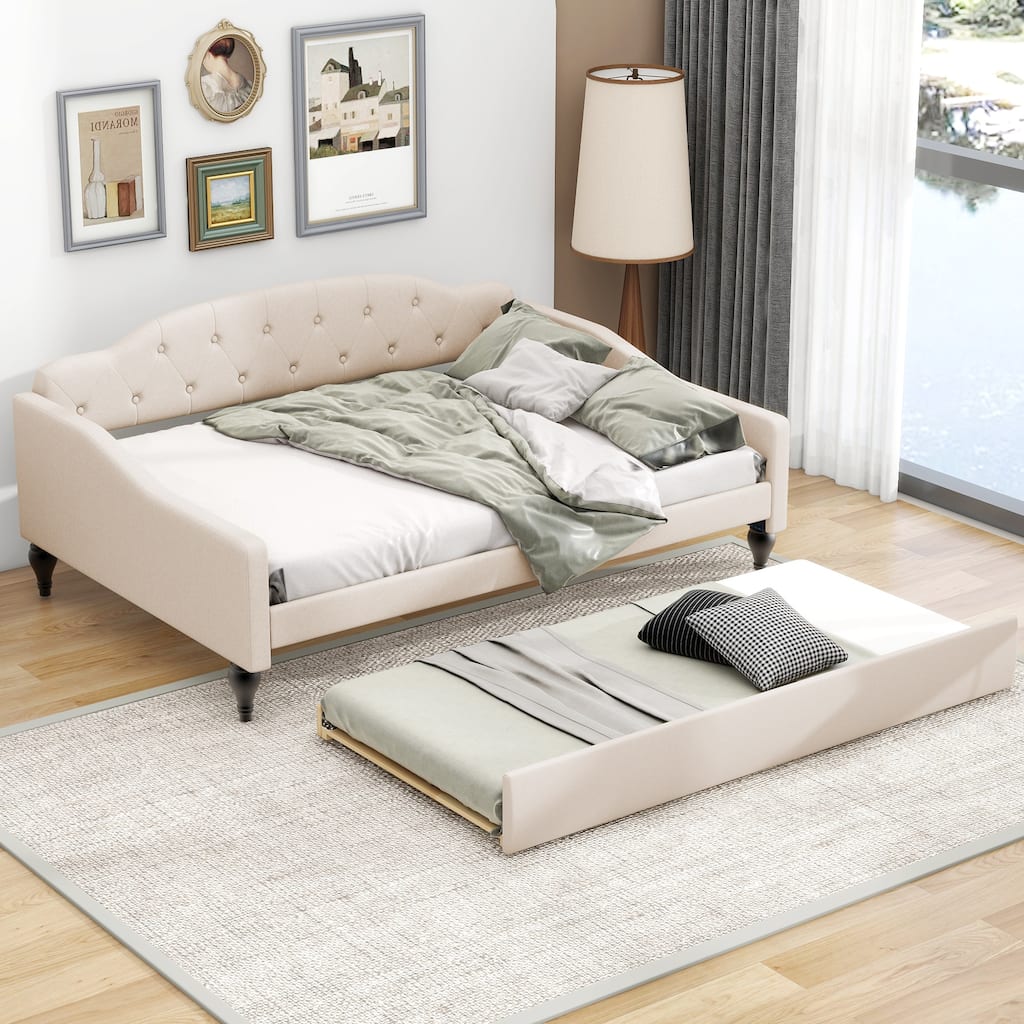 Minimalist Daybed Curved Design Backrest with Trundle, Full, Beige+Trundle
