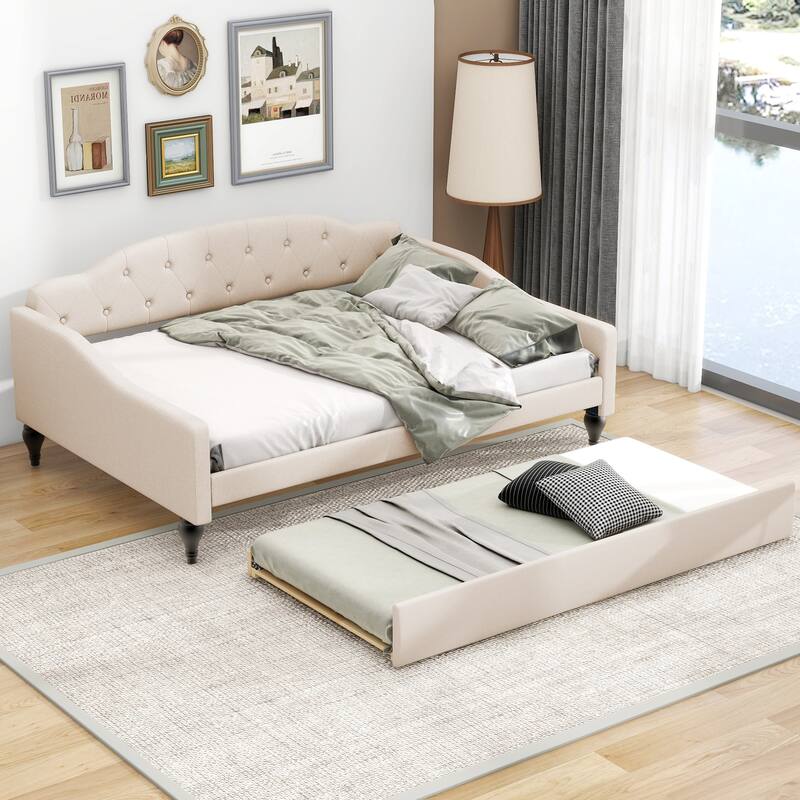 Roomfitters Full Upholstered Tufted Daybed with Pull-Out Twin Trundle for Compact Guest Setup, Beige - Beige - Full