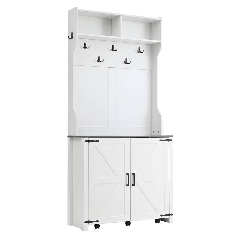 Farmhouse 4-in-1 Hall Tree with Barn Doors, Movable Bench with 7 Hanging Hooks and Shoe Storage Cabinet