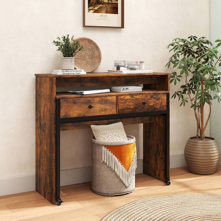 Multifunctional Natural Engineered Wood Extendable Desk with 2 Drawers