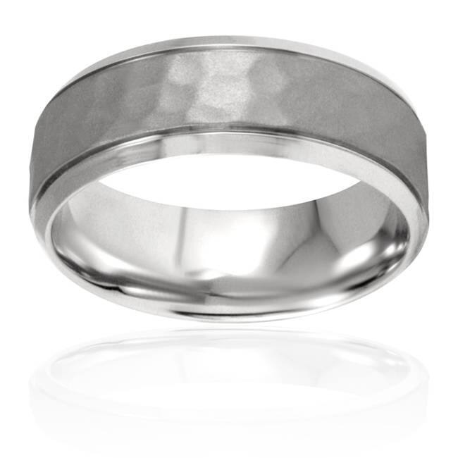 8mm Hammered Beveled Wedding Band White Gold